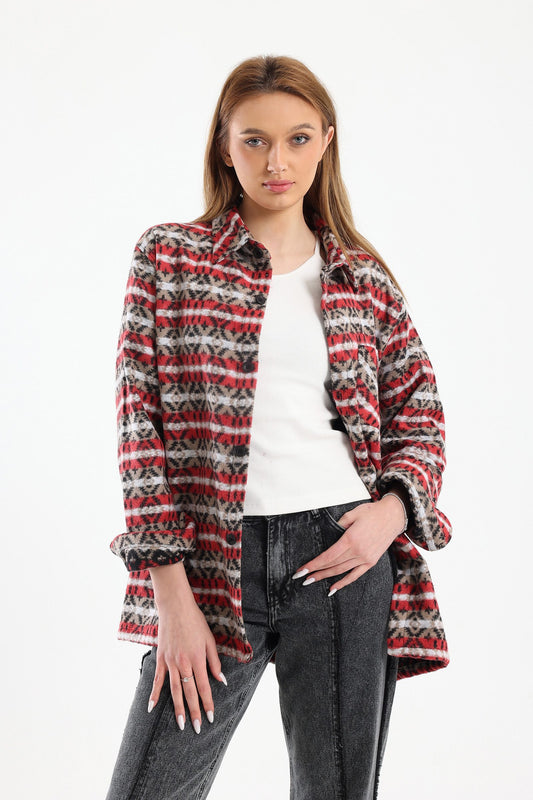 Retro Print Overshirt In Red