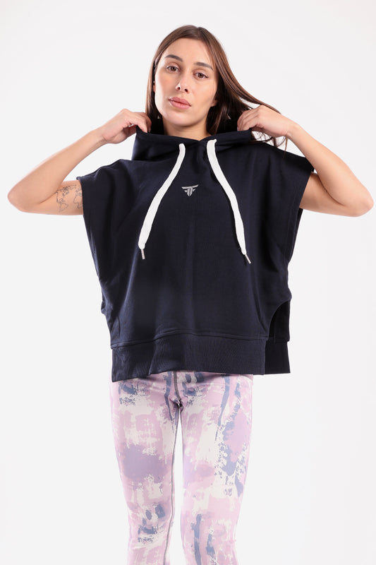 Dark Blue Cut Flow Sleeveless Hoodie
