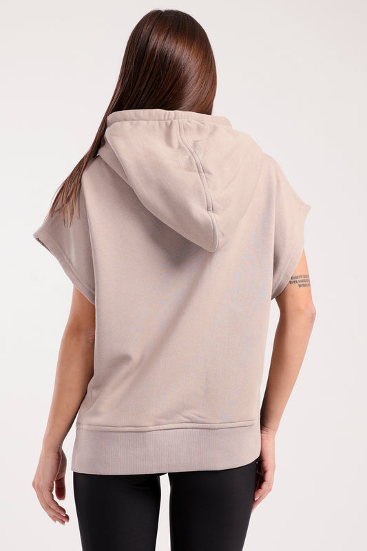Beige Cut Flow Sleeveless Hoodie