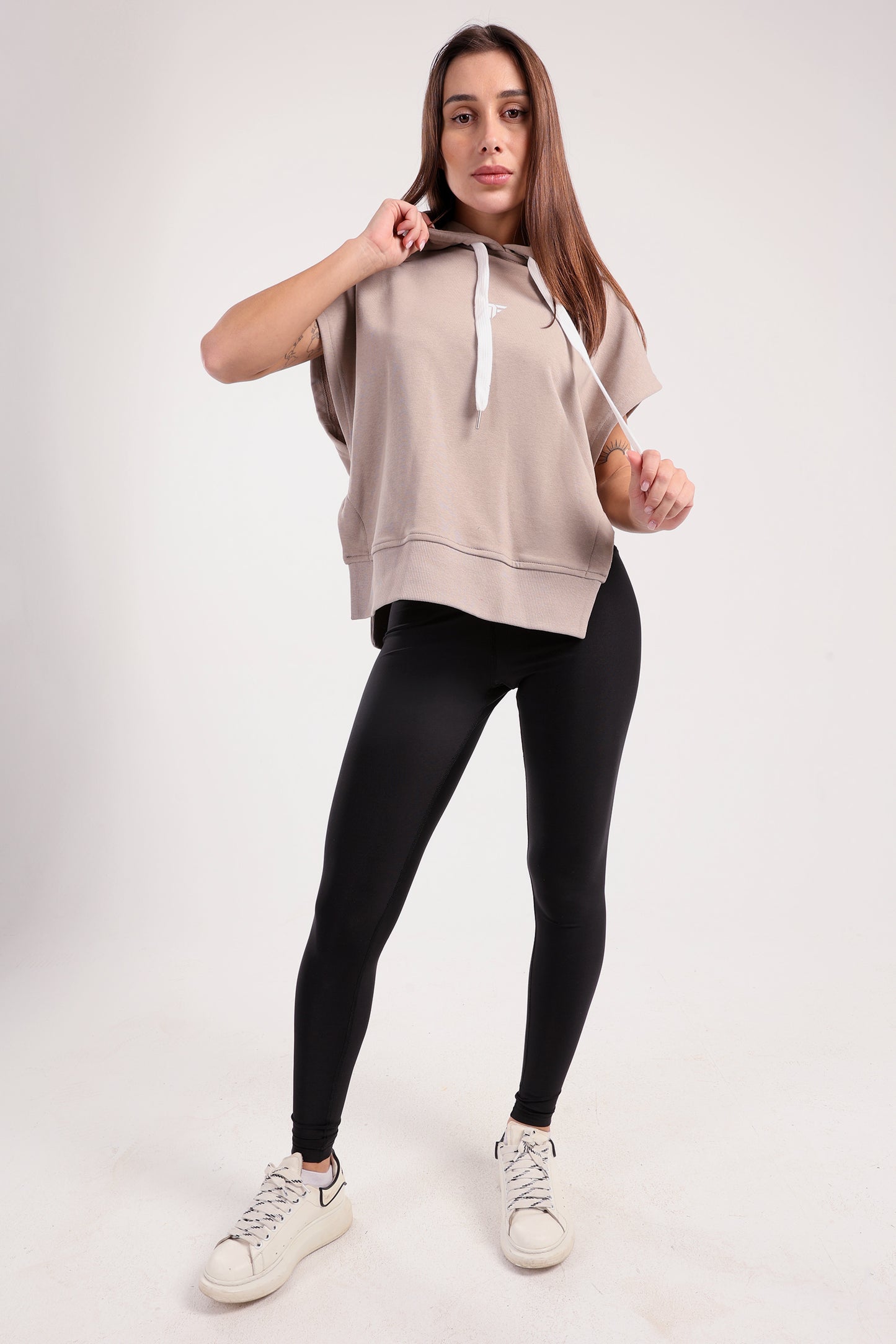 Beige Cut Flow Sleeveless Hoodie