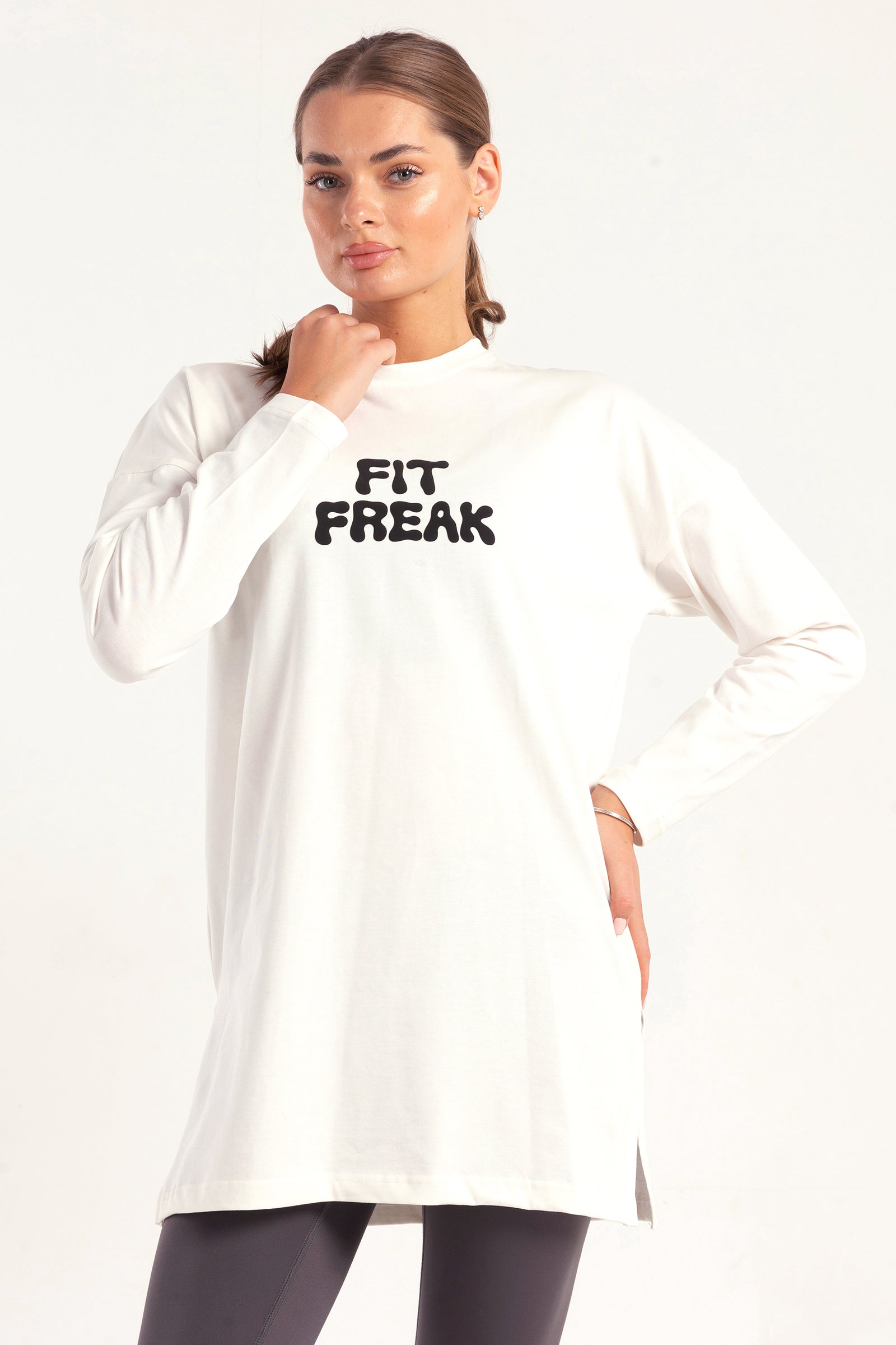 White Bold Print Side Slit Top for Active Women – FitFreak