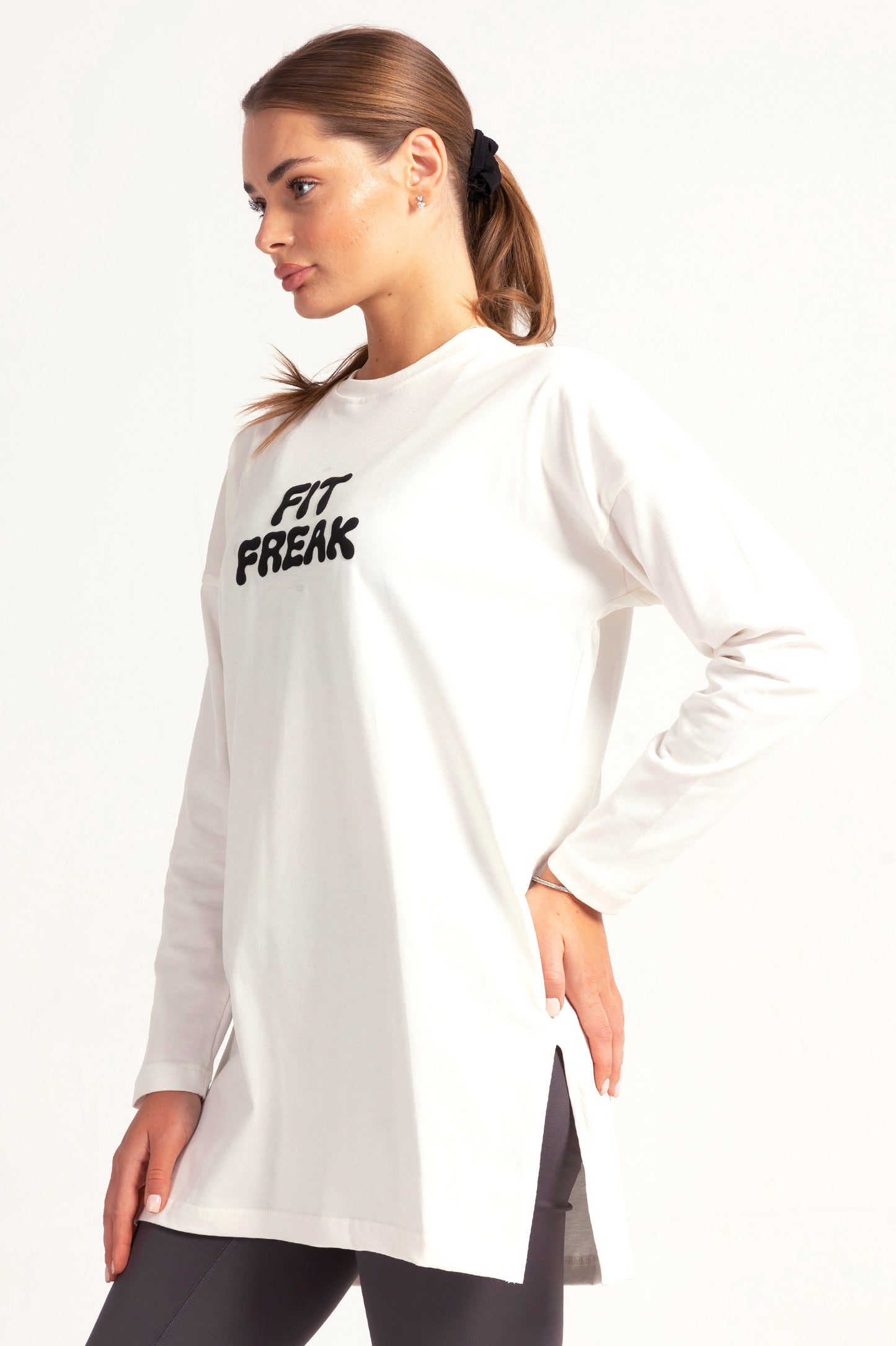 White Bold Print Side Slit Top - tops, workout tops
