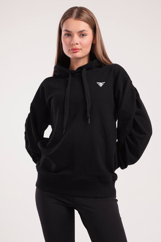 Black Ruched Sleeve Hoodie