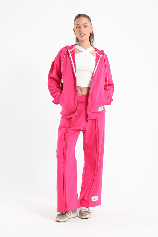 Chill Oversized Zip Up Set In Hot Pink