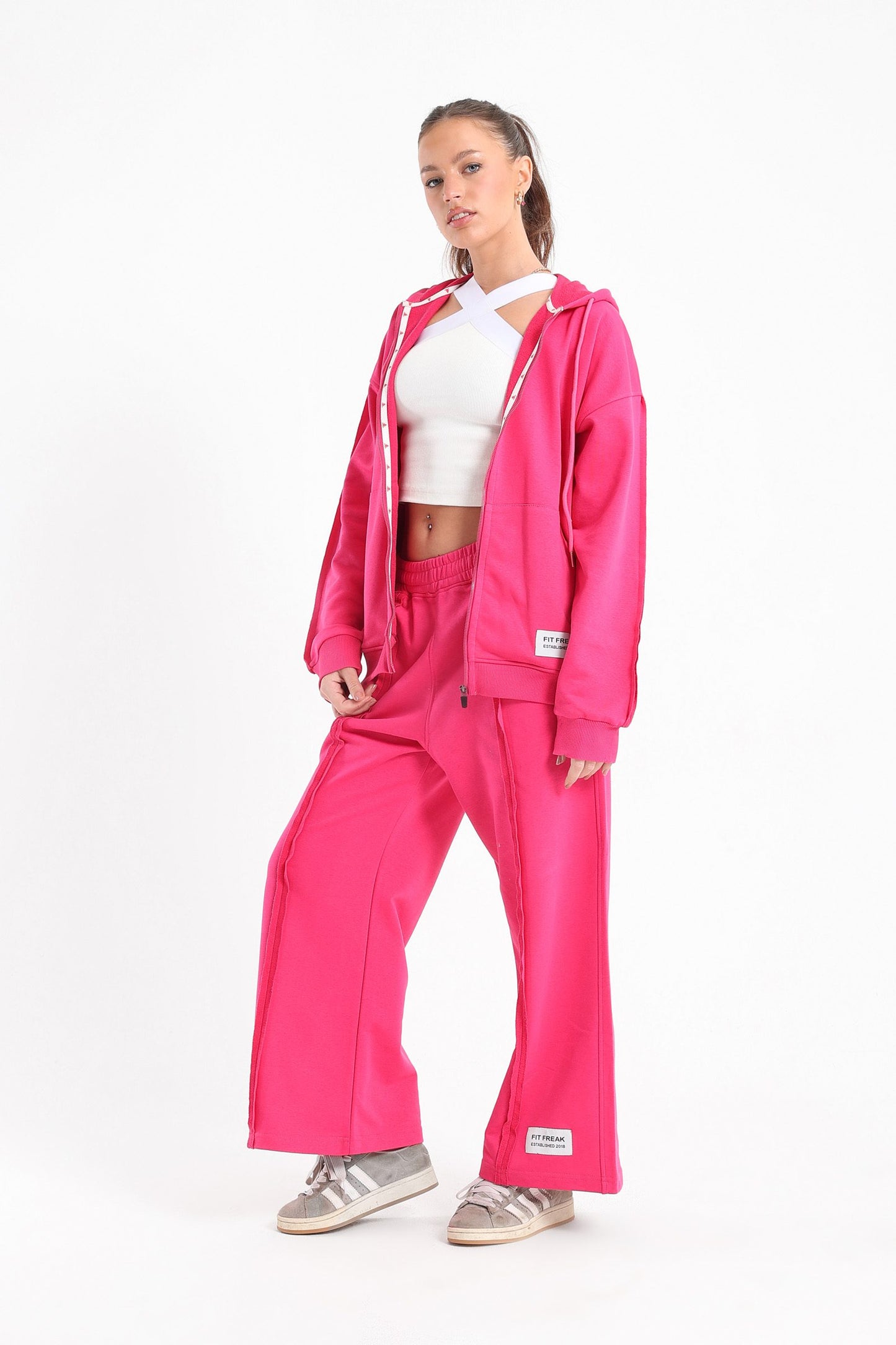 Chill Oversized Zip Up Set In Hot Pink