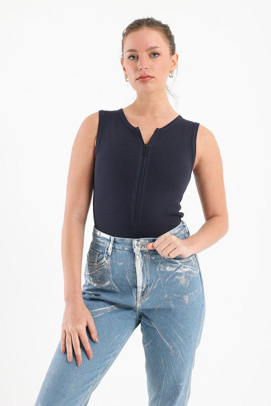 Half Zipper Rib Bodysuit In Dark Blue
