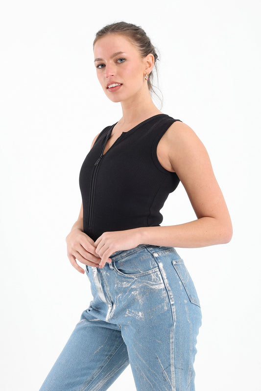 Half Zipper Rib Bodysuit In Black