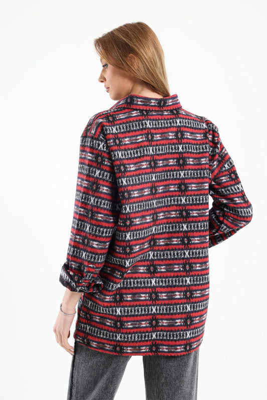 Striped Tribal Print Overshirt In Red