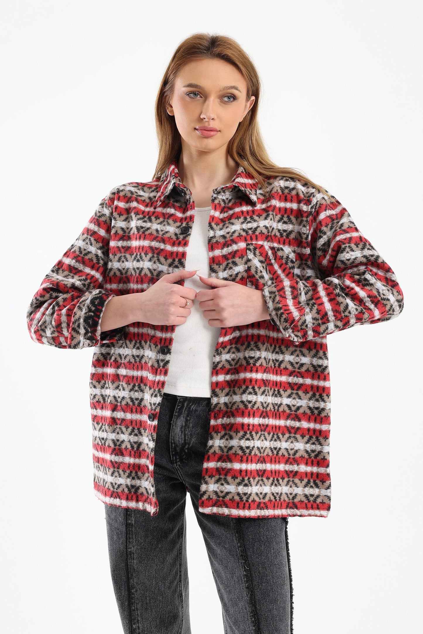 Retro Print Overshirt In Red