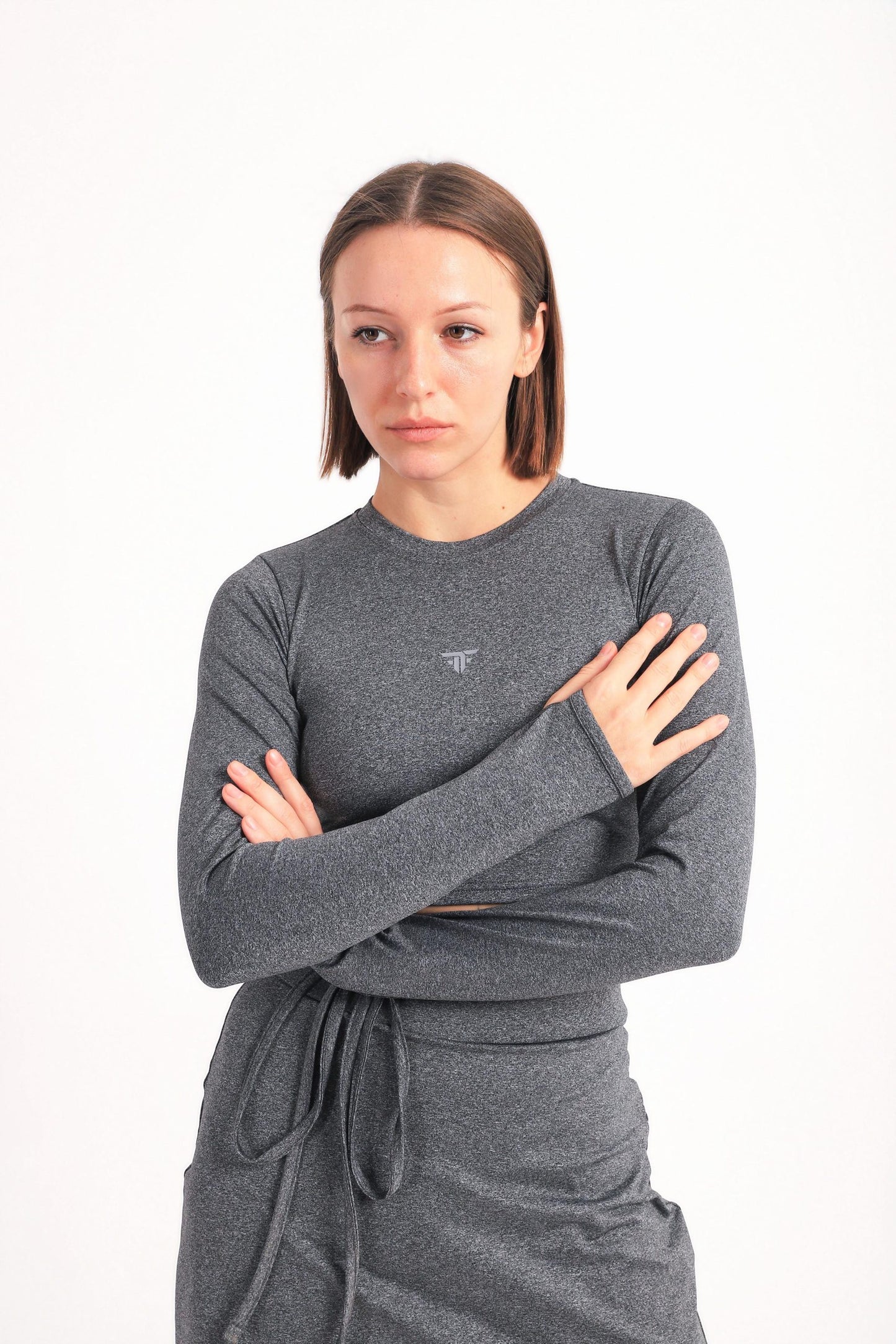 Tie waist long sleeve top in dark grey