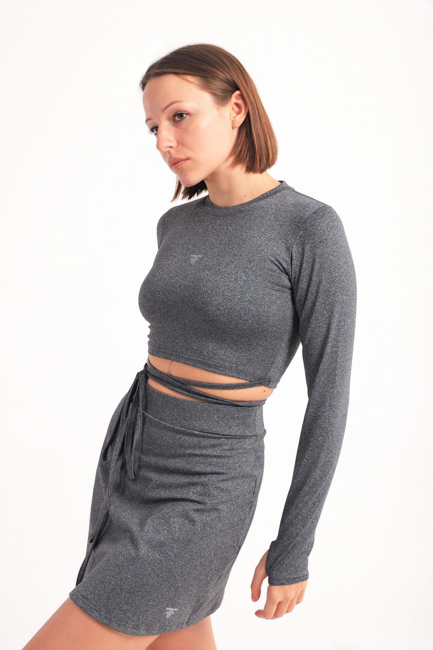 Tie waist long sleeve top in dark grey