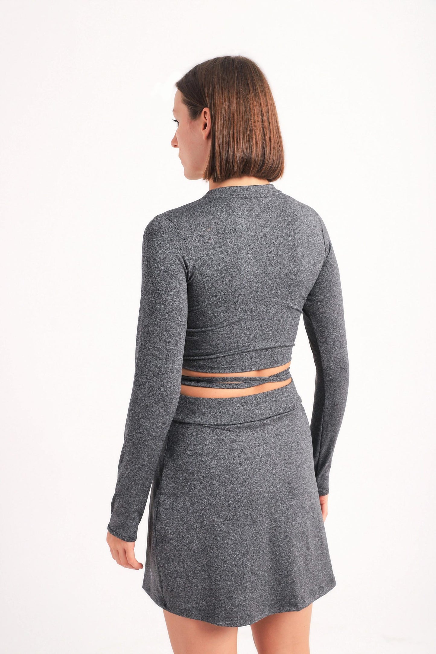 Tie waist long sleeve top in dark grey