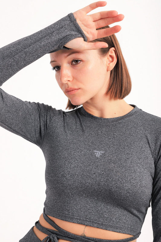 Tie waist long sleeve top in dark grey