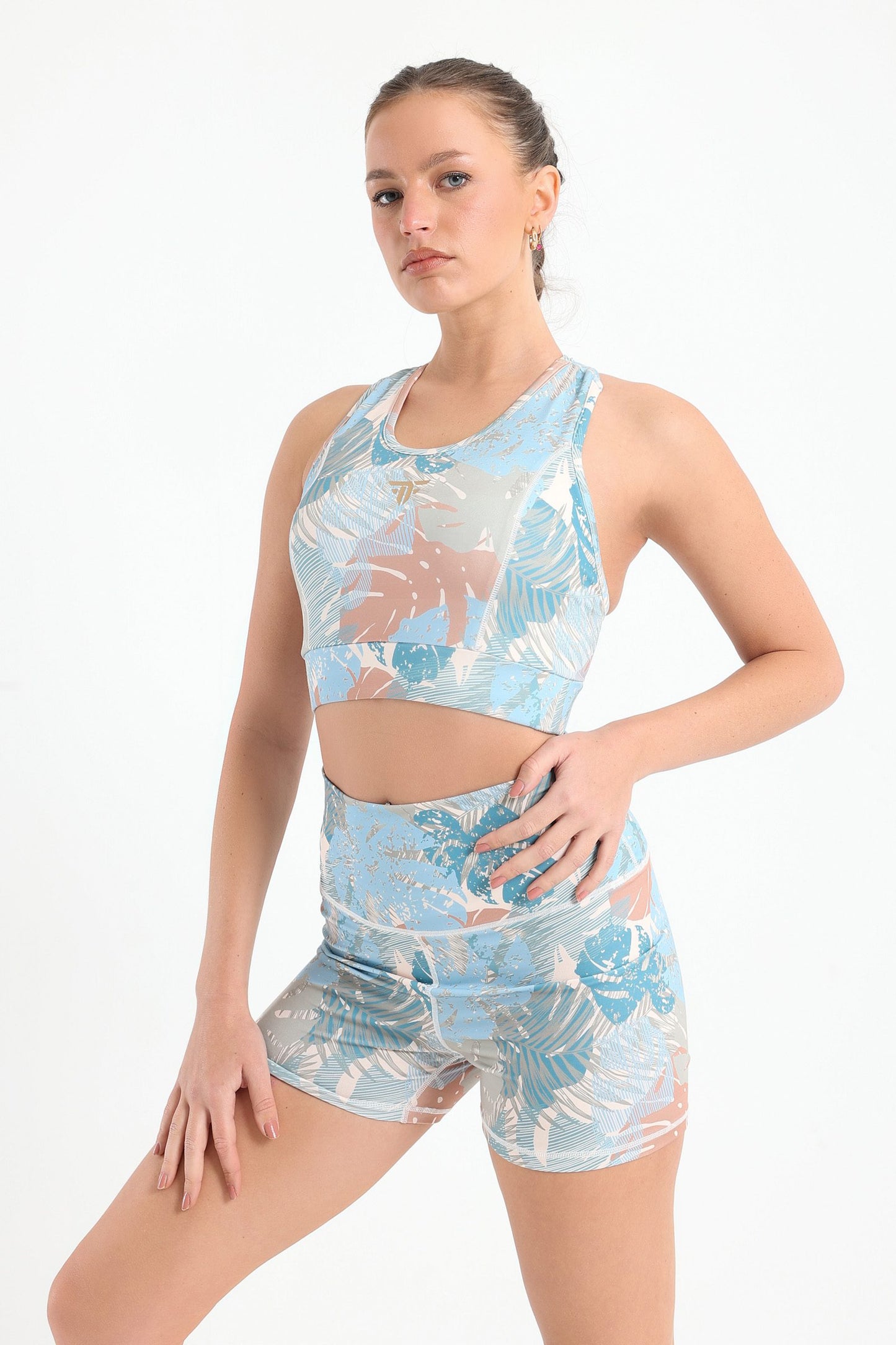 Colorful Palm Seamed Printed Strap Detail Sports Bra