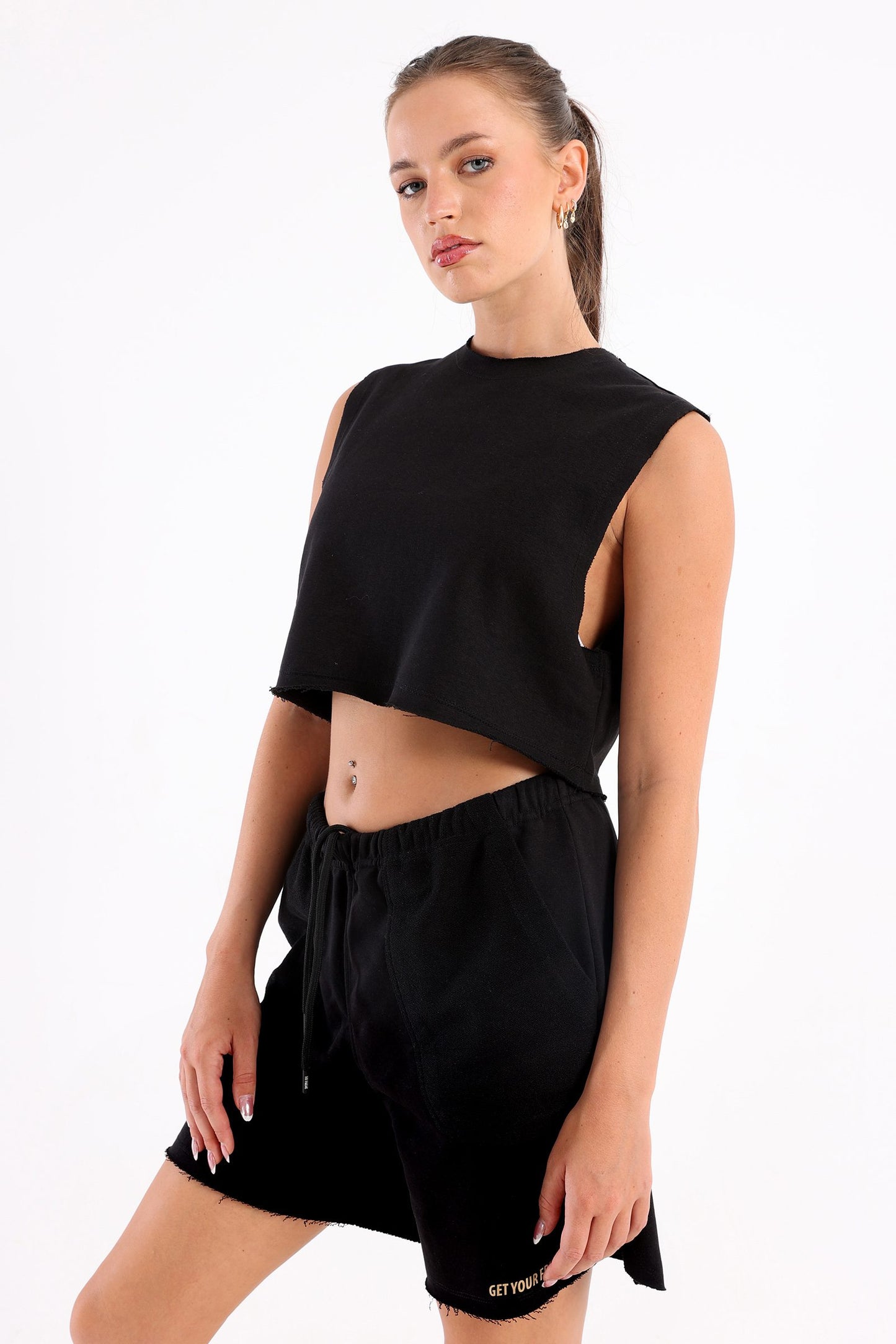 Black Cropped Sleeveless Sweat Top