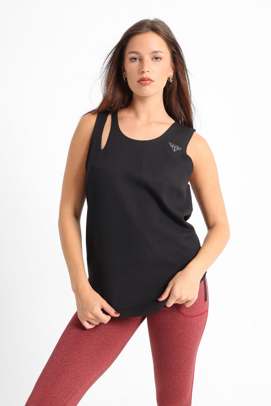 One Shoulder Cut Out Tank Top In Black