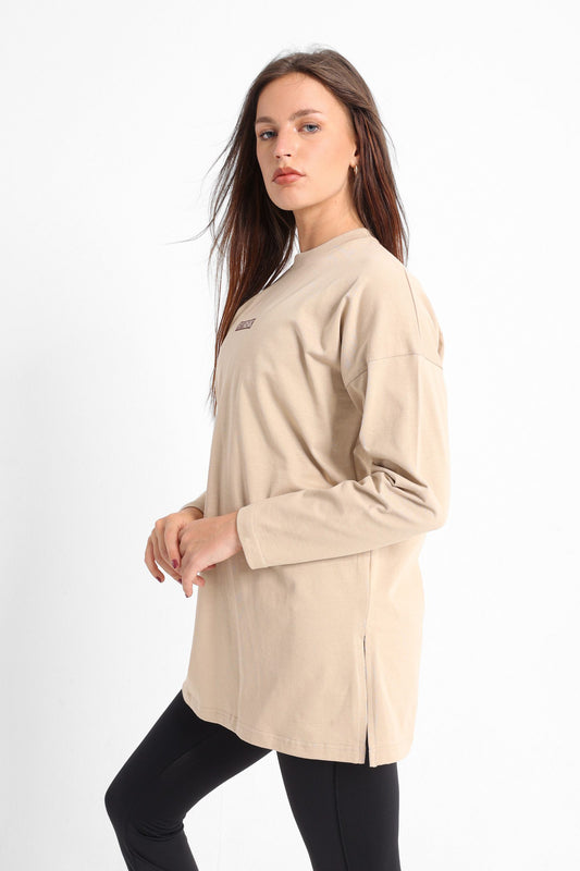 Side Slit Oversized T-Shirt In Beige