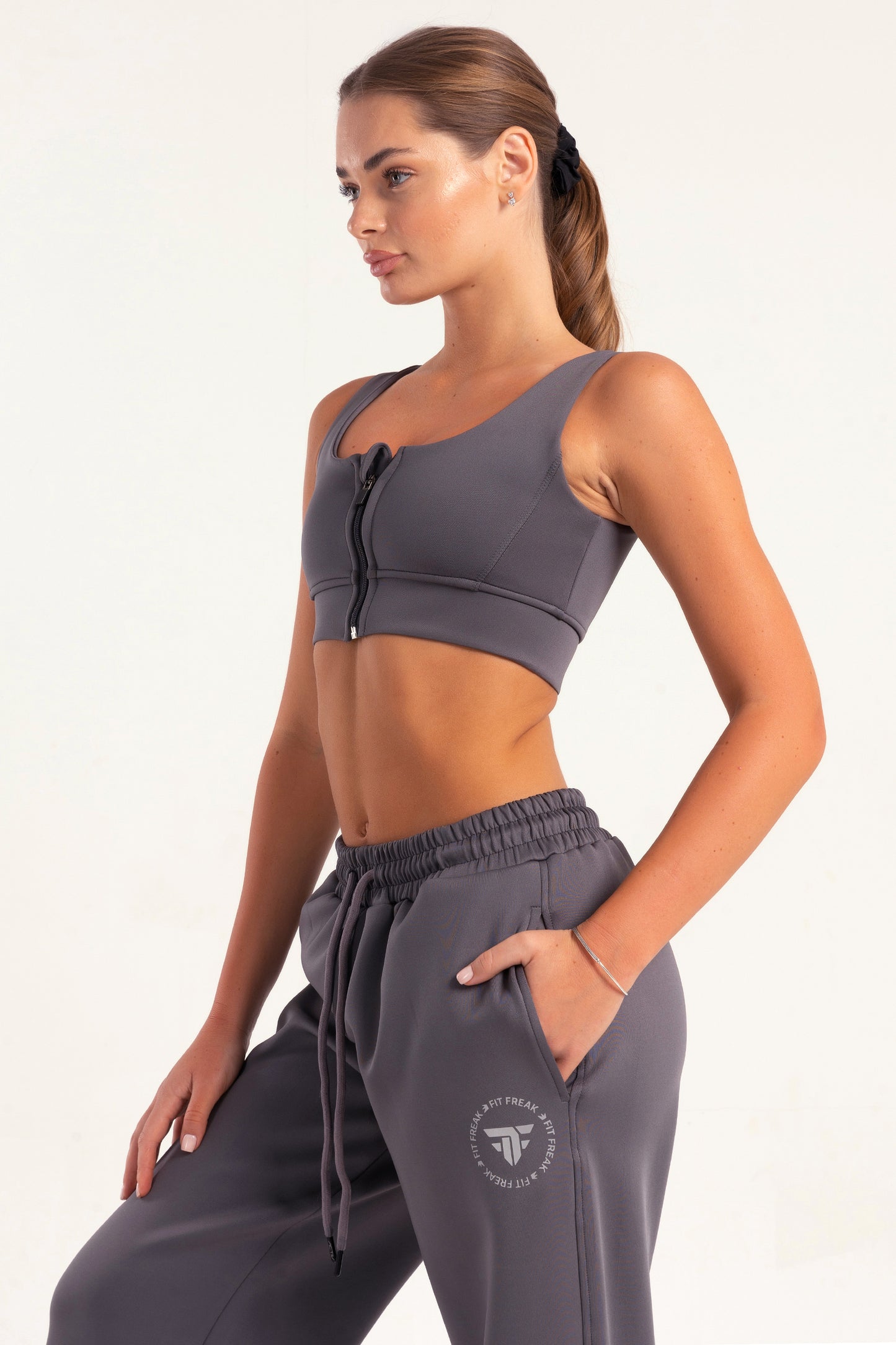 Hybrid Smoke Grey Zip Sports Bra