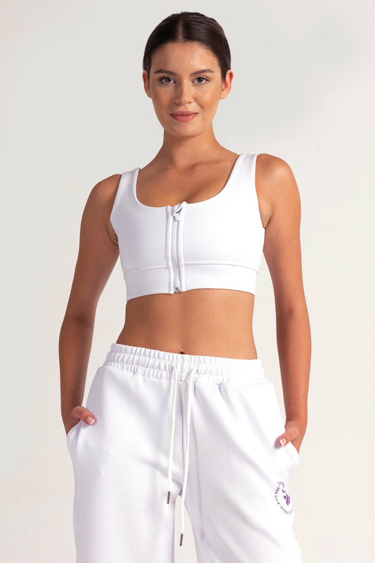 Hybrid white Zip Sports Bra