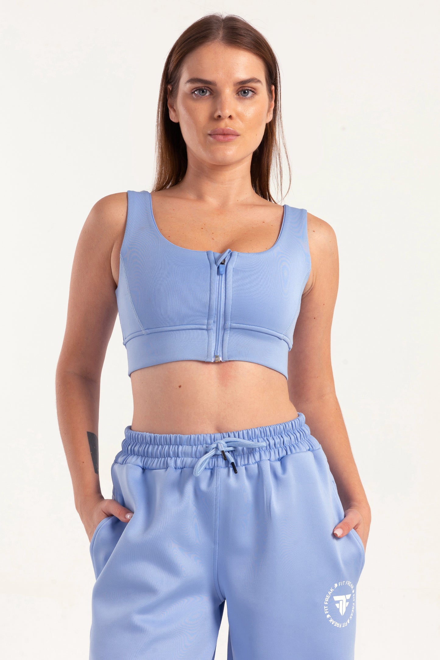 Hybrid Sky Blue Zip Sports Bra