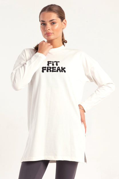 White Bold Print Side Slit Top - tops, workout tops