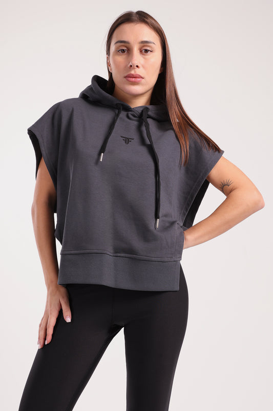 Dark Grey Cut Flow Sleeveless Hoodie