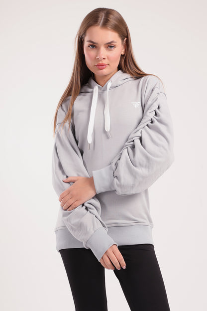 Light Grey Ruched Sleeve Hoodie - outerwear, light jackets