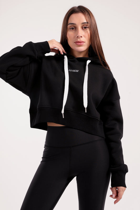 Boxy cropped basic hoodie in black