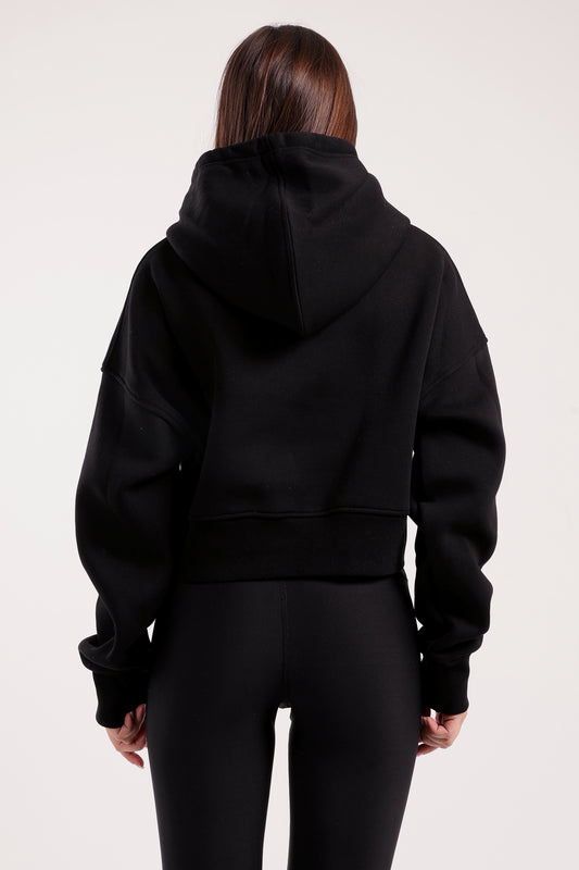 Boxy cropped basic hoodie in black