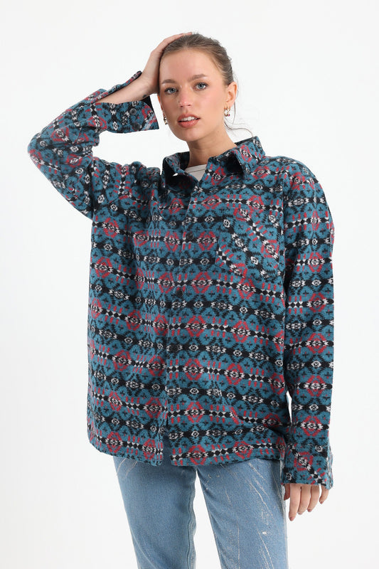 Retro Print Overshirt In Petrol Blue
