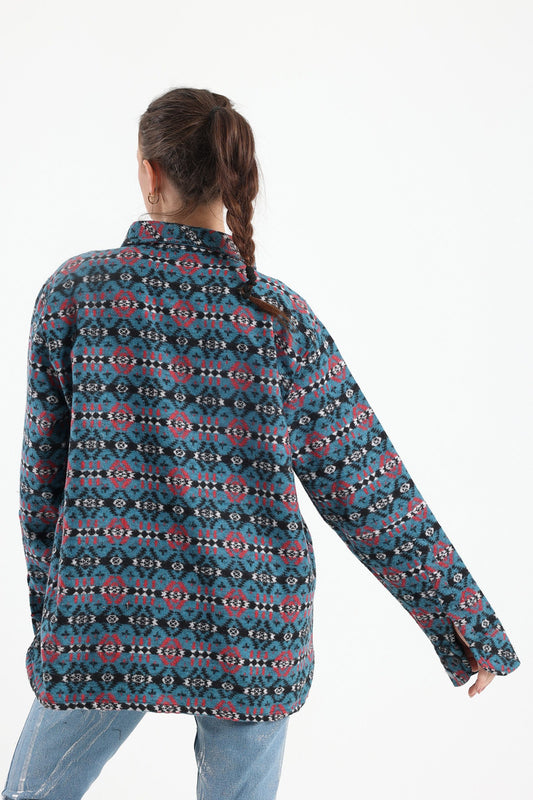 Retro Print Overshirt In Petrol Blue