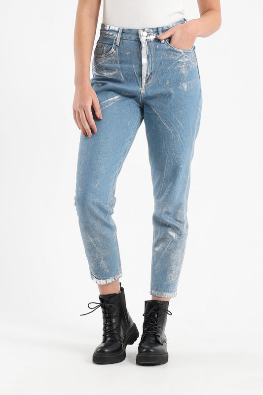 Mid Blue Straight Leg Metallic Jeans