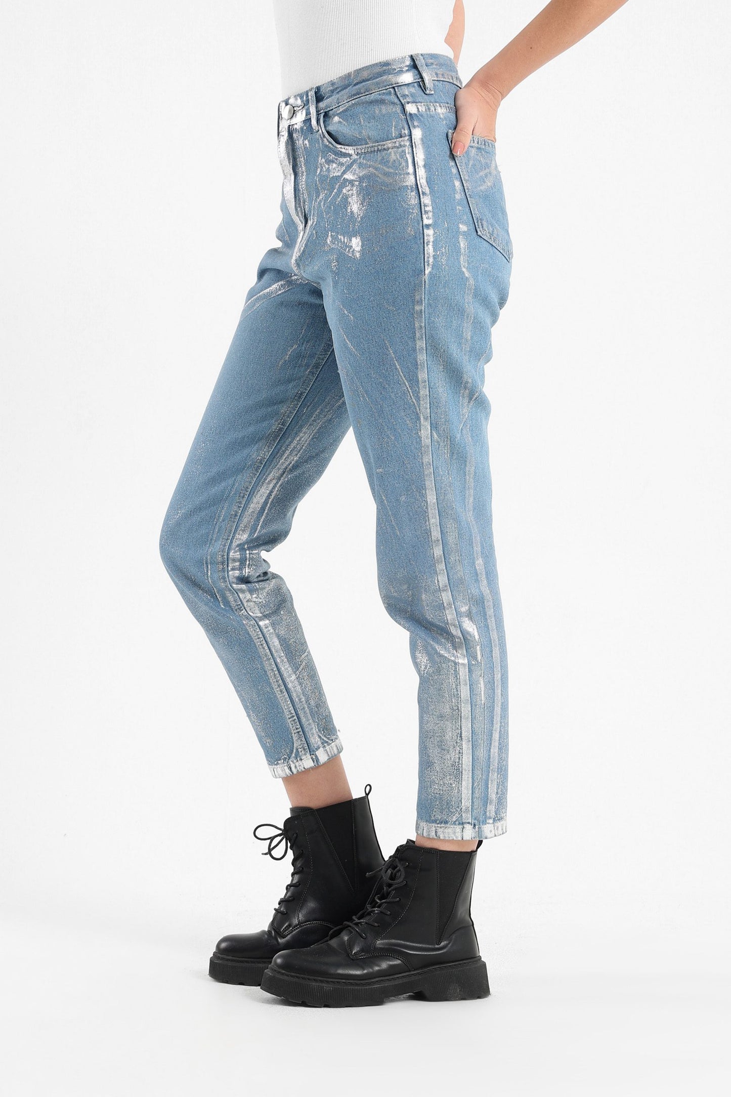 Mid Blue Straight Leg Metallic Jeans