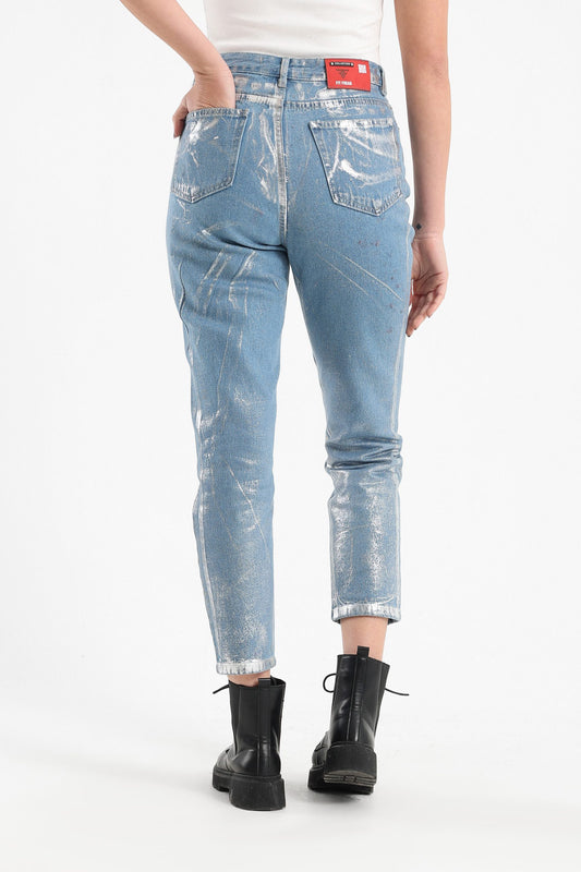 Mid Blue Straight Leg Metallic Jeans