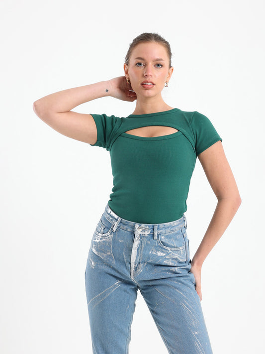 Cut Out Chest Detail Bodysuit In Green