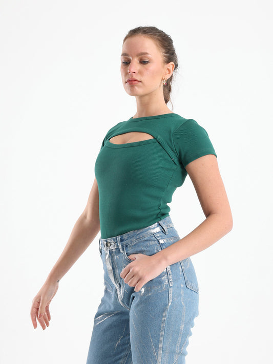 Cut Out Chest Detail Bodysuit In Green