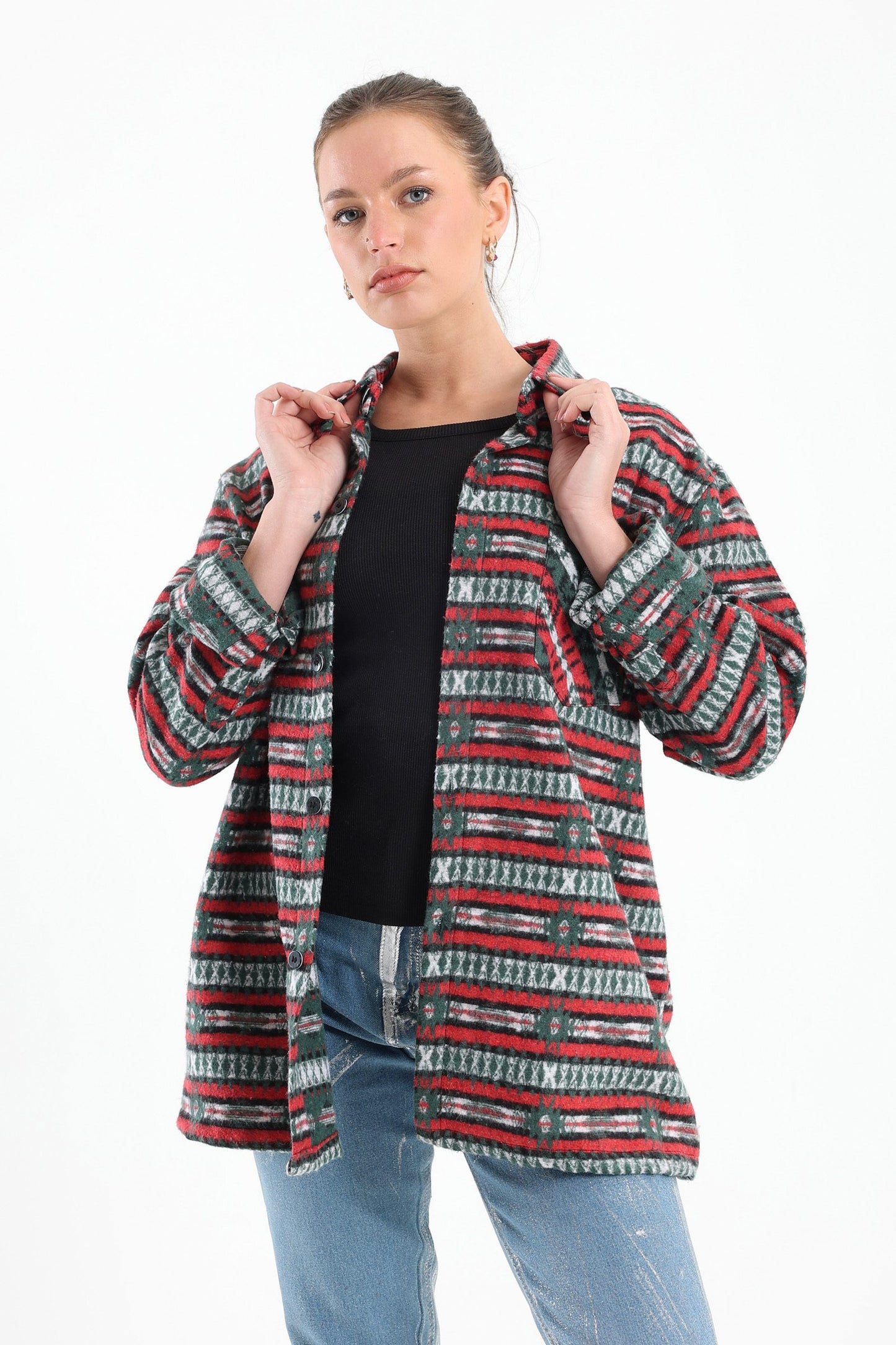 Striped Tribal Print Overshirt In Green