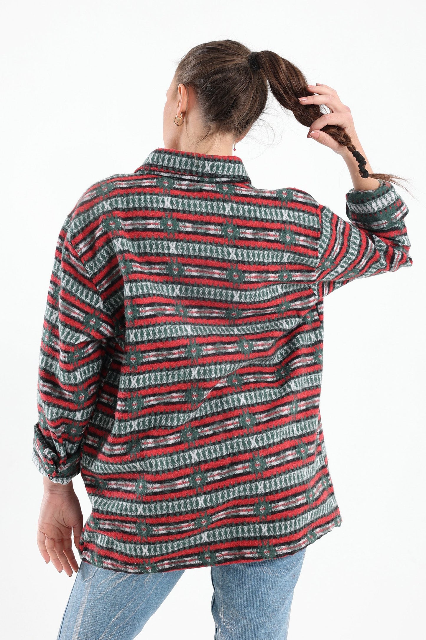 Striped Tribal Print Overshirt In Green