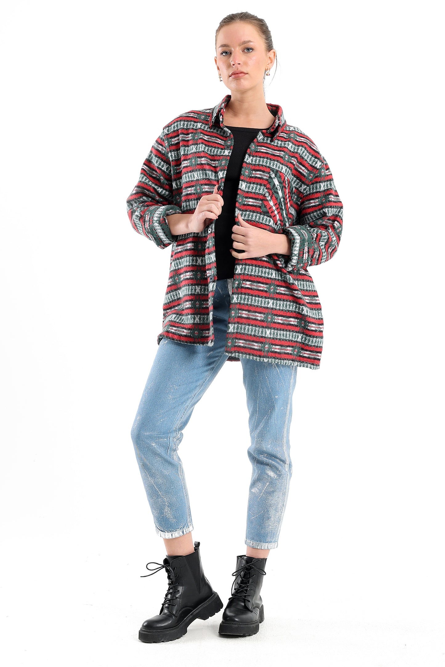 Striped Tribal Print Overshirt In Green