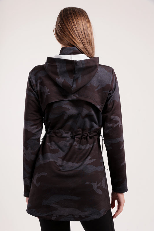 Black Camo Drawstring Oversized Jacket