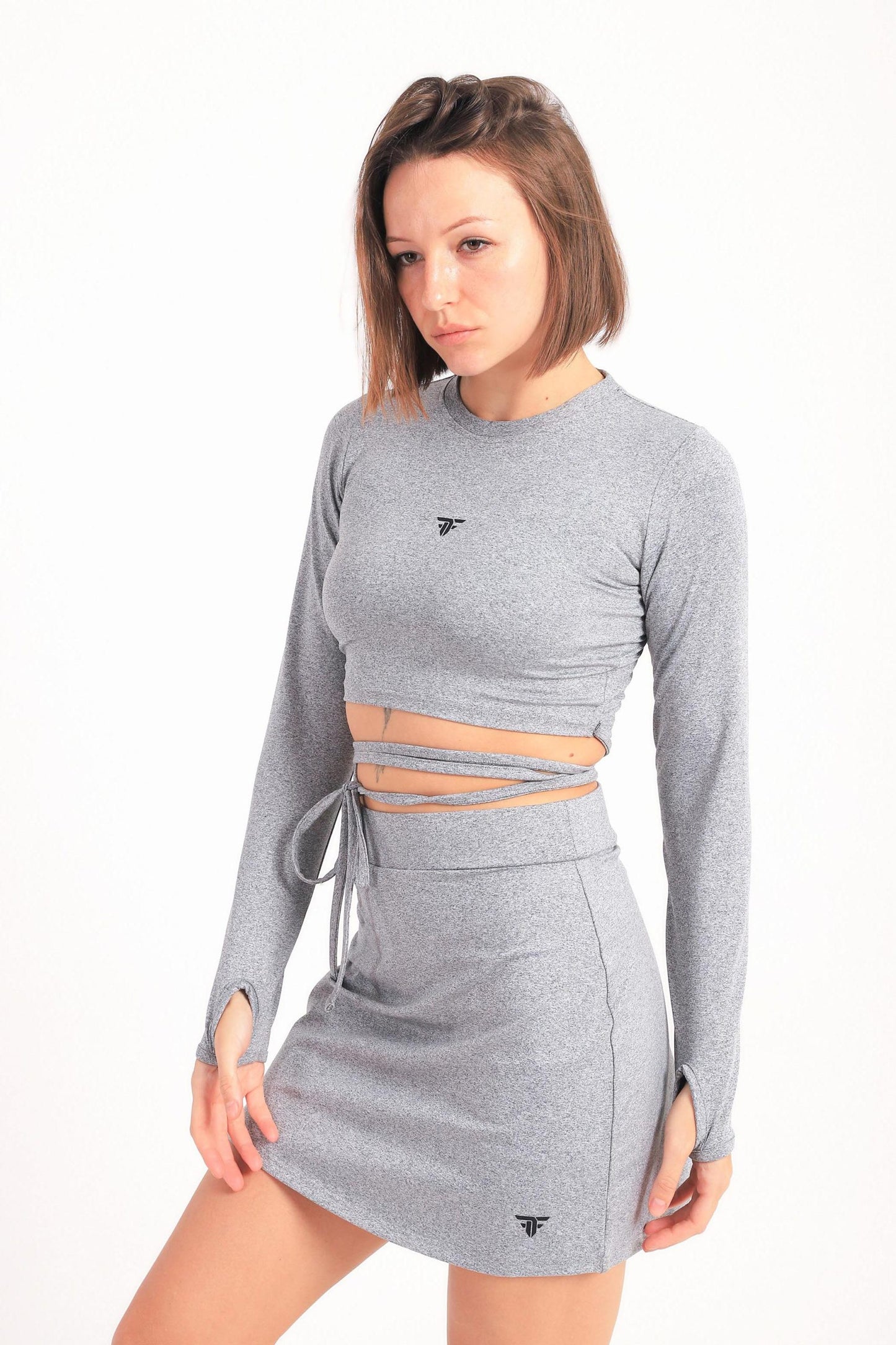 Tie Waist Long Sleeve Top In Light Grey