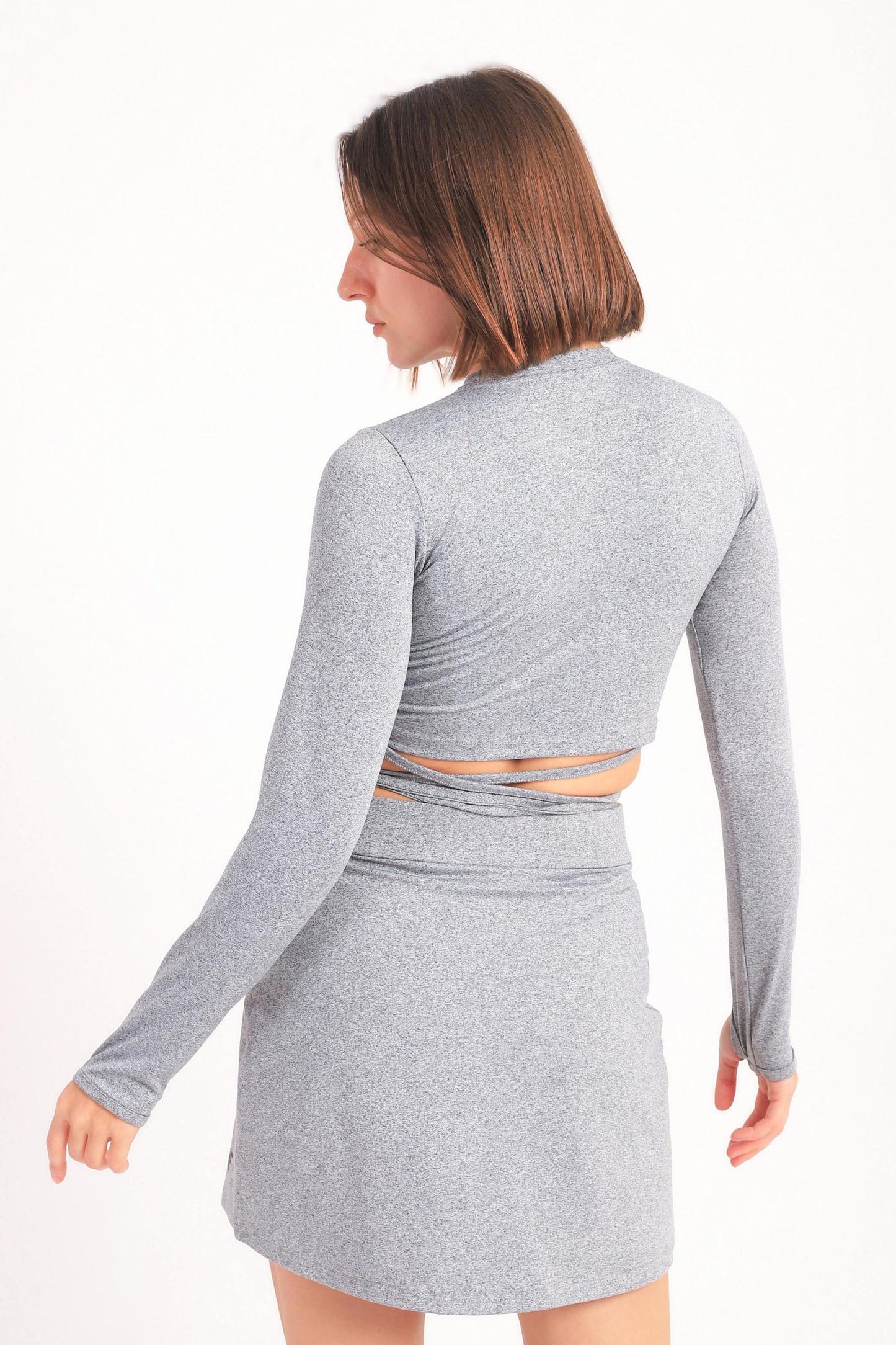 Tie Waist Long Sleeve Top In Light Grey