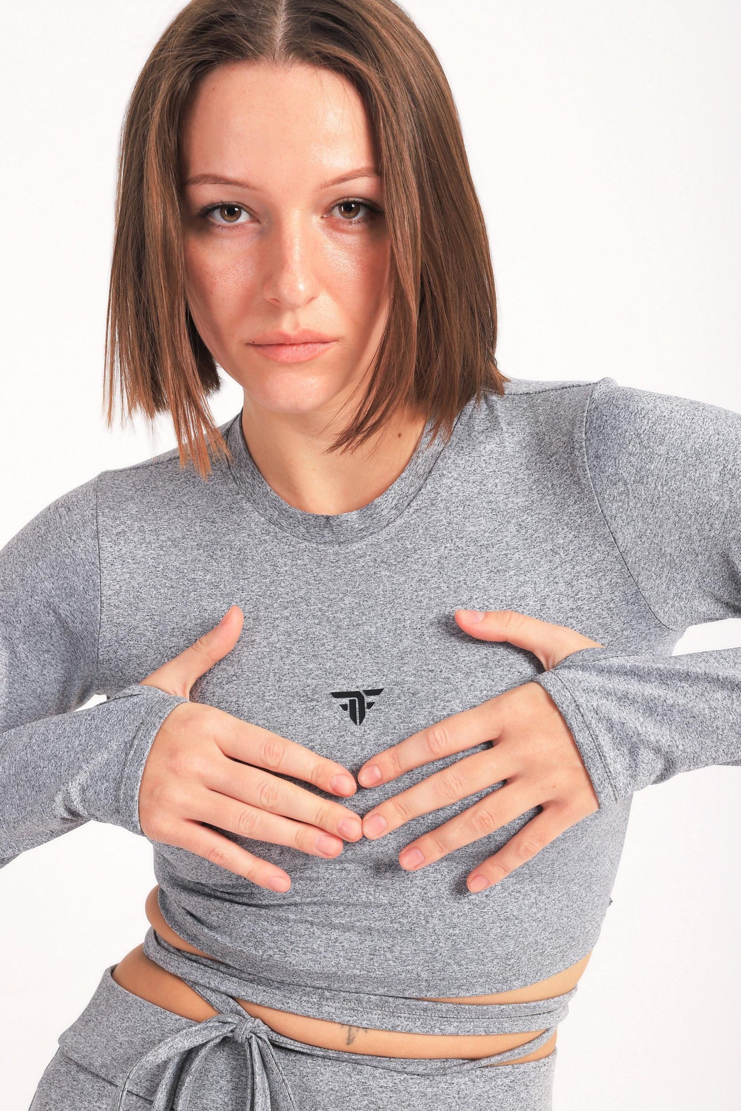 Tie Waist Long Sleeve Top In Light Grey