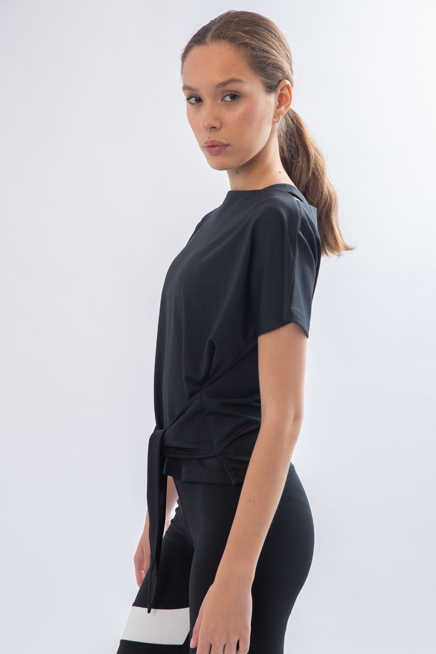 Black Front Tie Short Sleeve Top